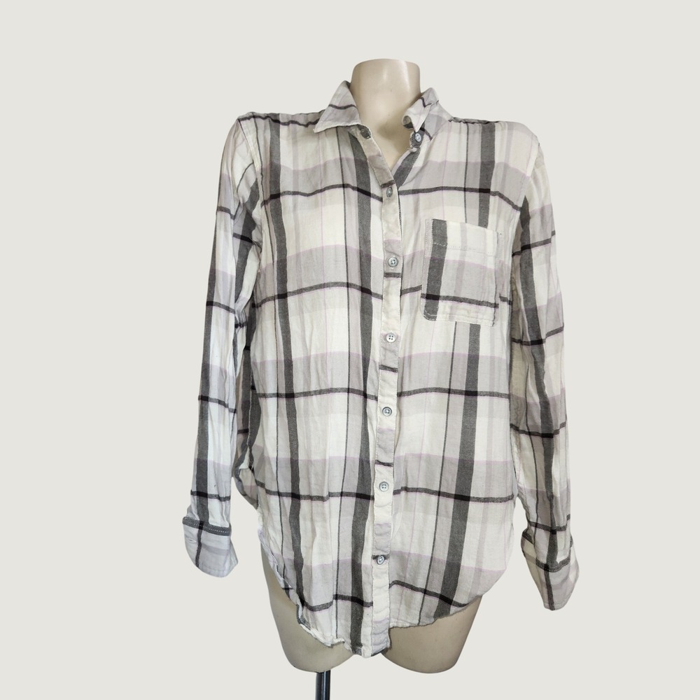 Aerie Womens Medium Plaid Button Down‎ Shirt Grey White Lilac Cotton Viscose